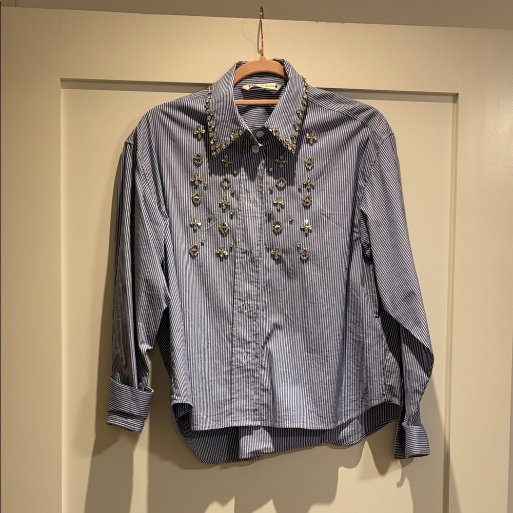 Zara Women’s Blue Striped Shirt with Studded Details